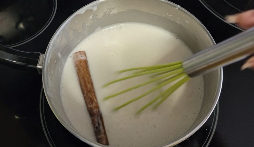 Tembleque is made in one pot by whisking in the dry ingredients first, then adding the wet ingredients, followed by steeping the aromatics.
