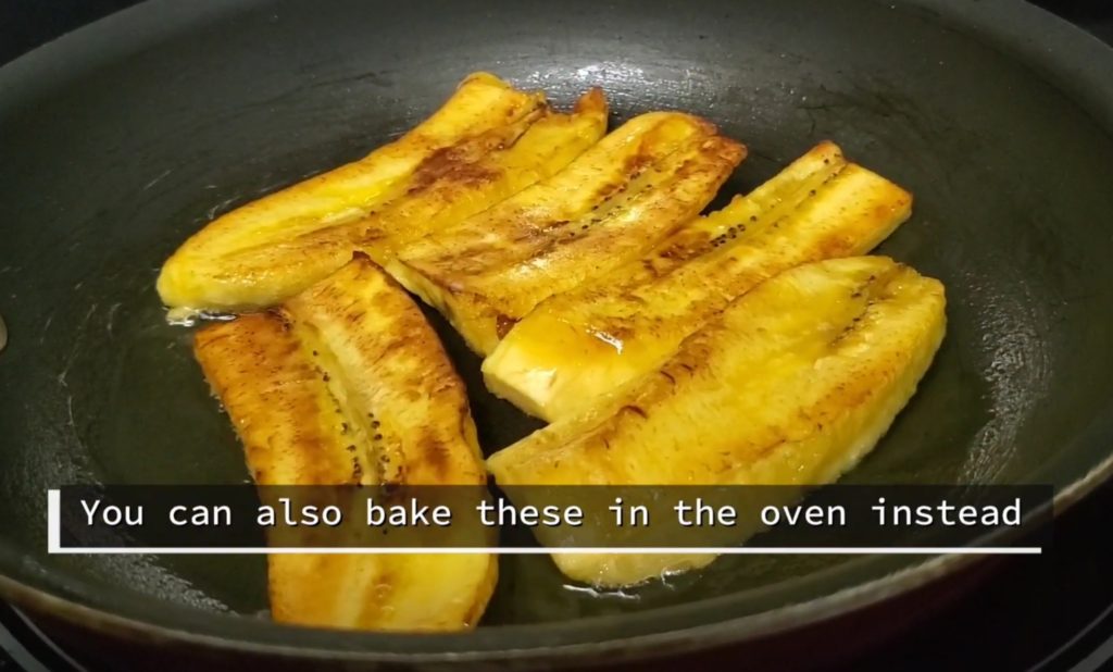 To make Pastelon, fry ripe sweet plantains until golden caramel.